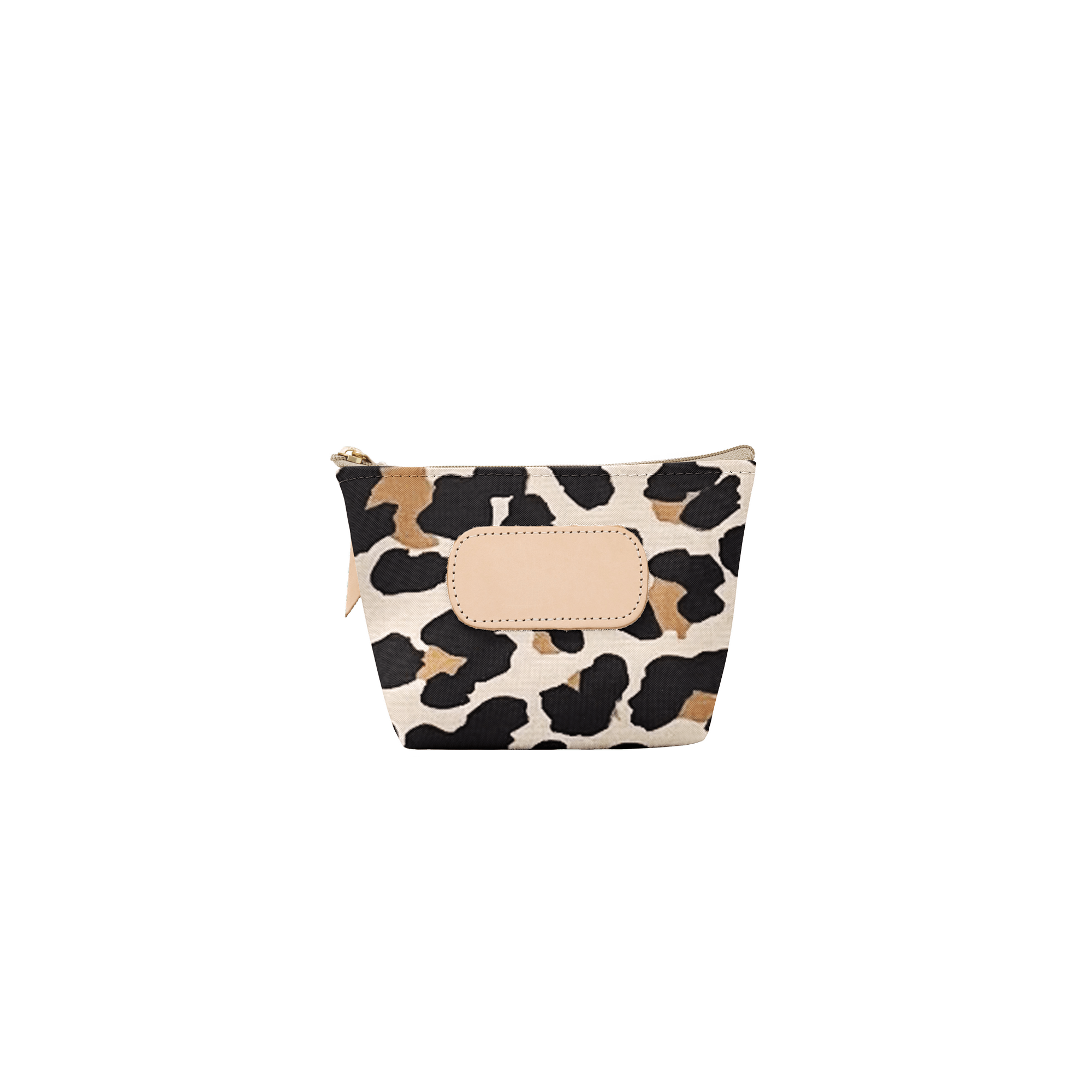 Leopard print pouch with beige flap on a white background