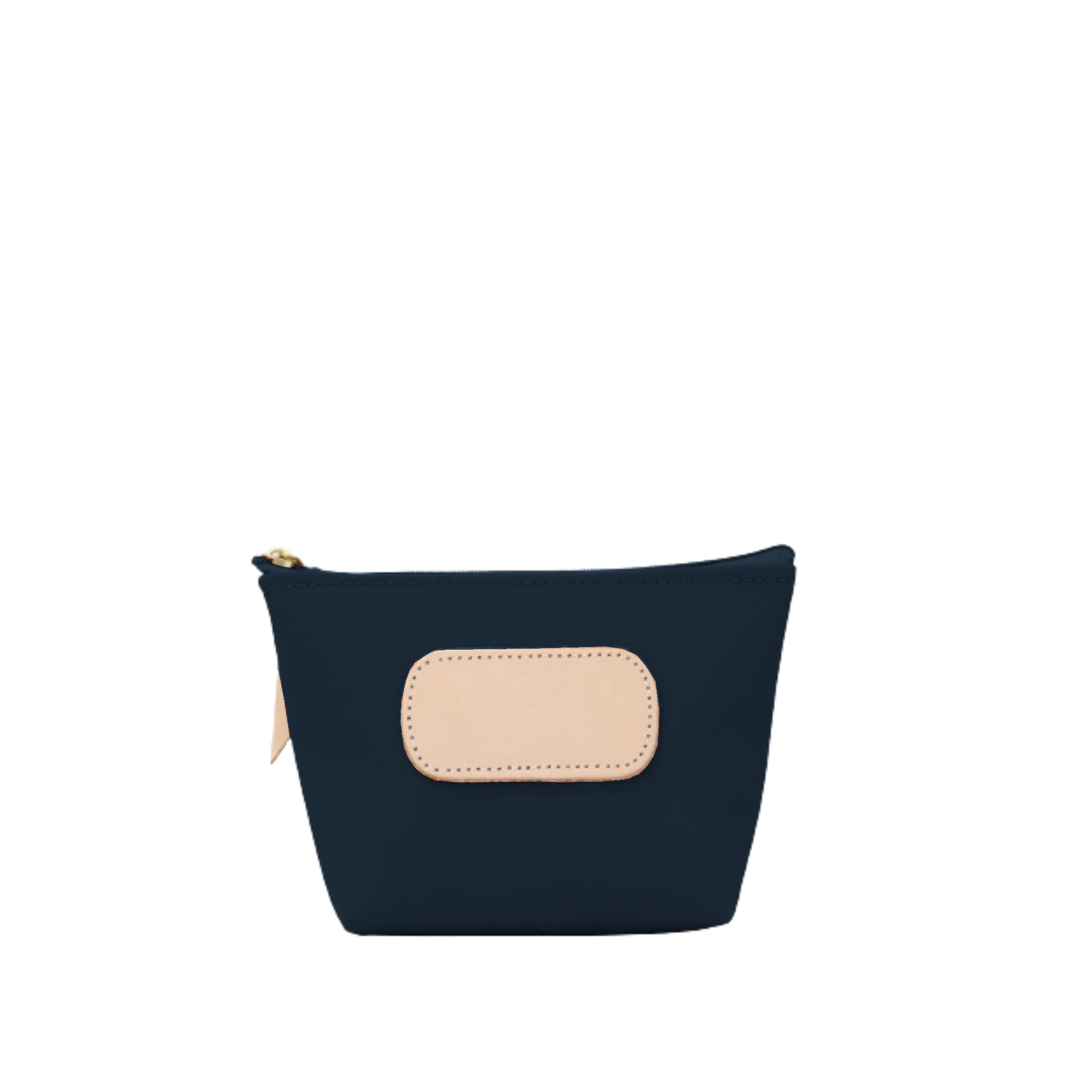Navy blue pouch with a beige patch on a white background