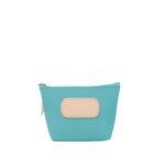 Turquoise pouch with beige patch on a white background