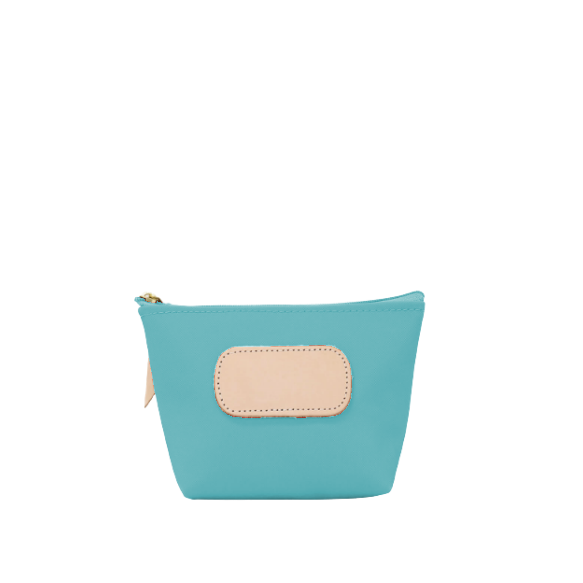 Turquoise pouch with beige patch on a white background