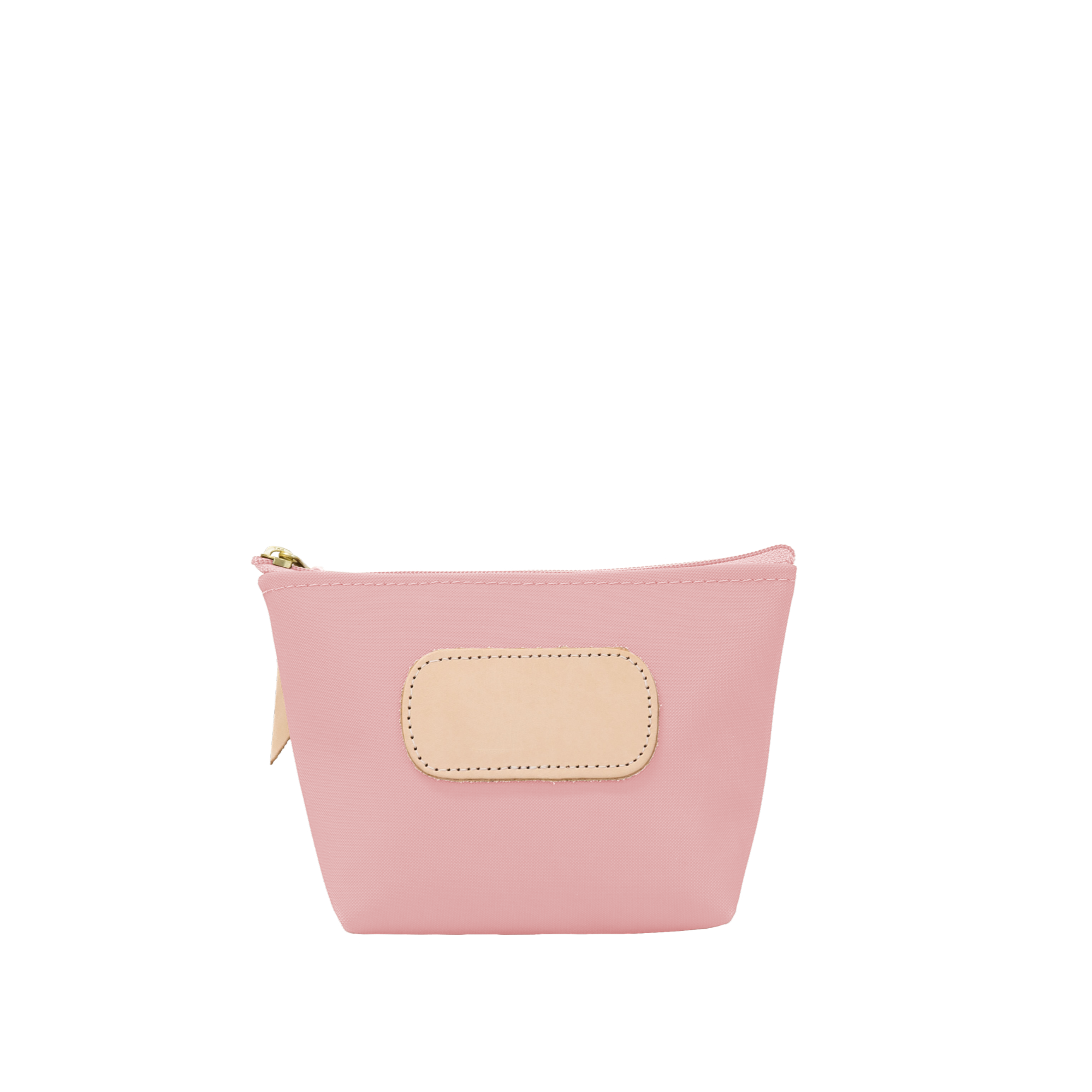 Pink pouch with beige patch and zipper on a white background