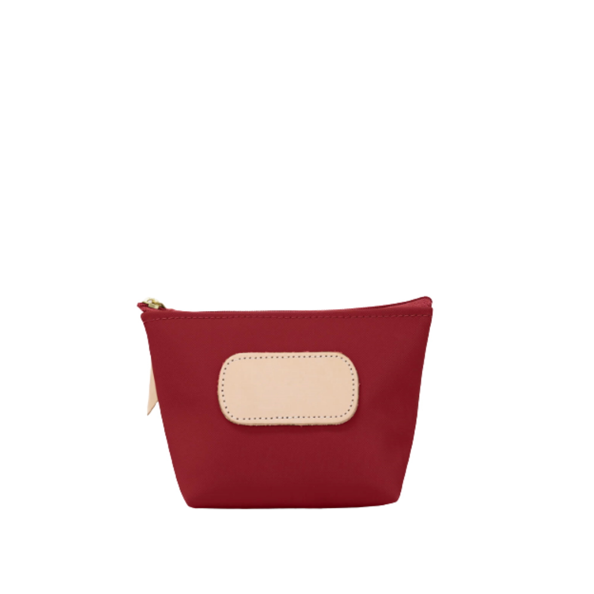 Red pouch with beige patch on a white background