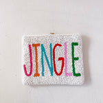 Pouch with 'JINGLE' text in colorful beads on a light gray background