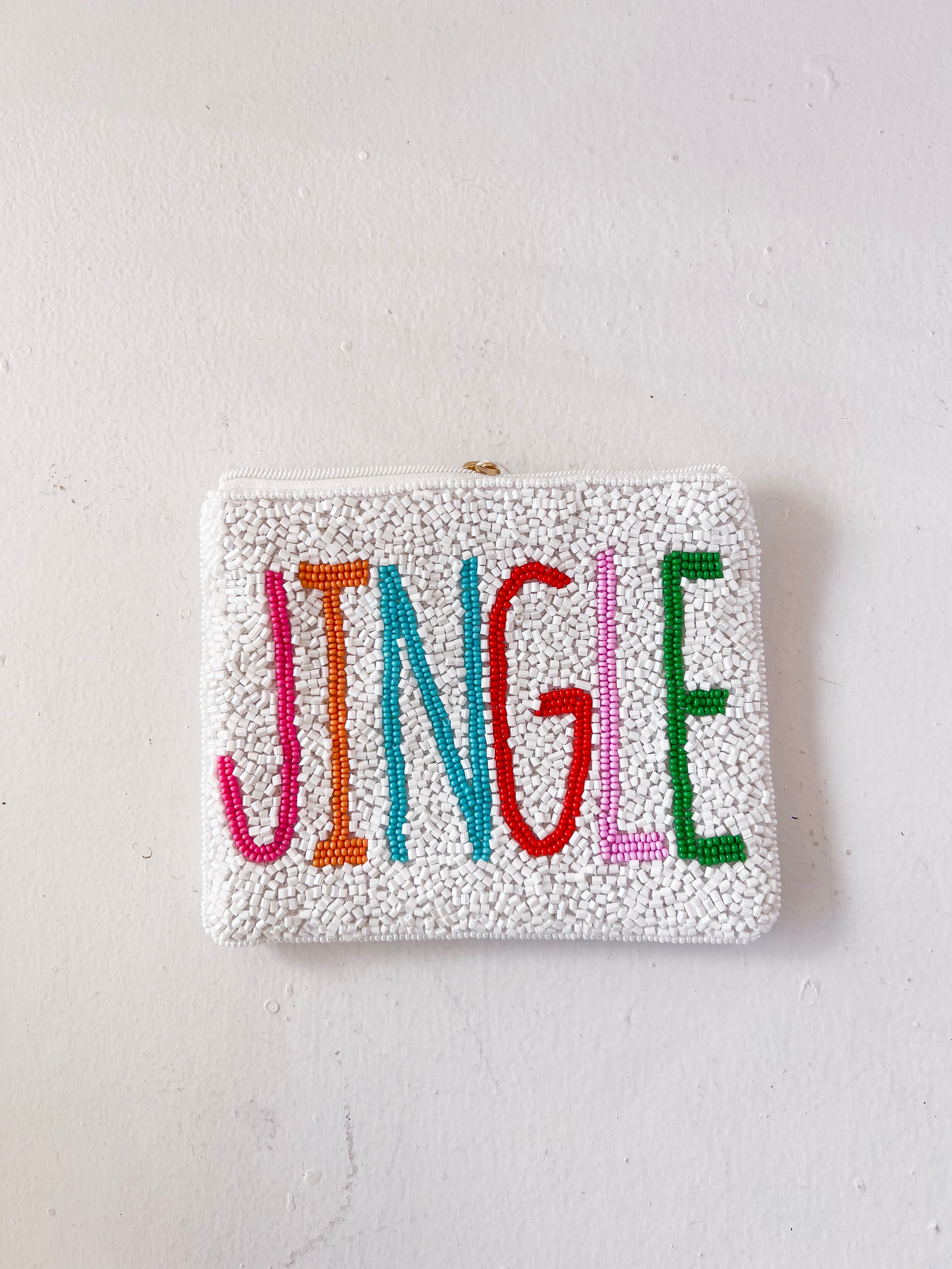 Pouch with 'JINGLE' text in colorful beads on a light gray background