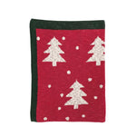 Red blanket with white Christmas tree patterns on a white background