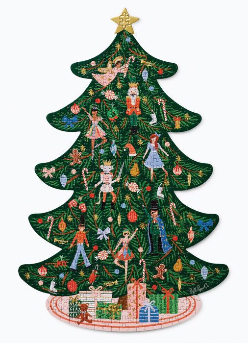 Decorative Christmas tree with cartoon characters and ornaments on a white background