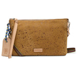 Brown cork handbag with a strap on a white background