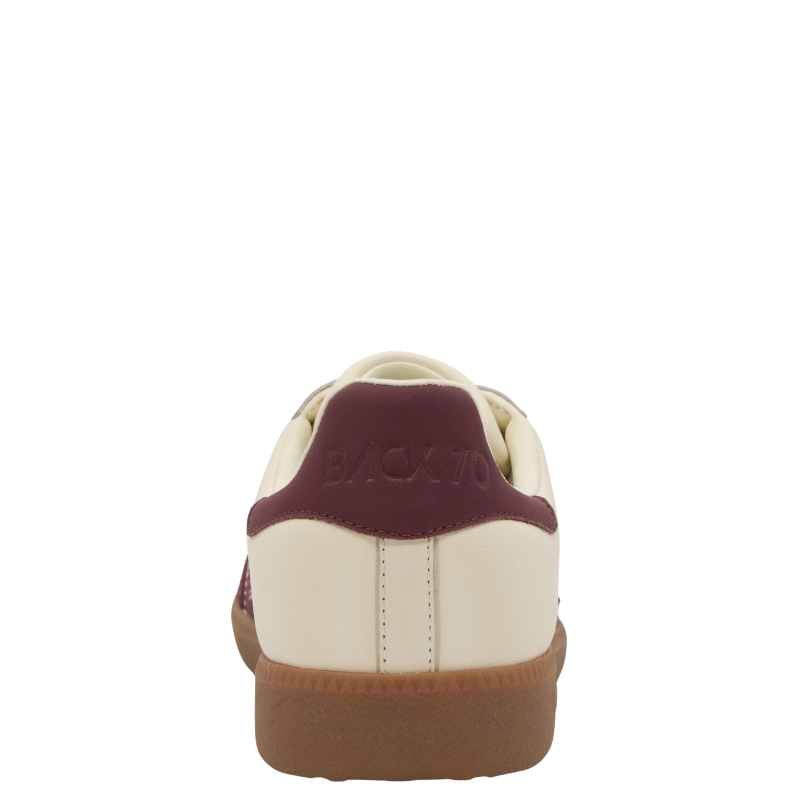 Back view of a white sneaker with brown sole on a white background