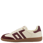 White and maroon sneaker with a brown sole on a white background