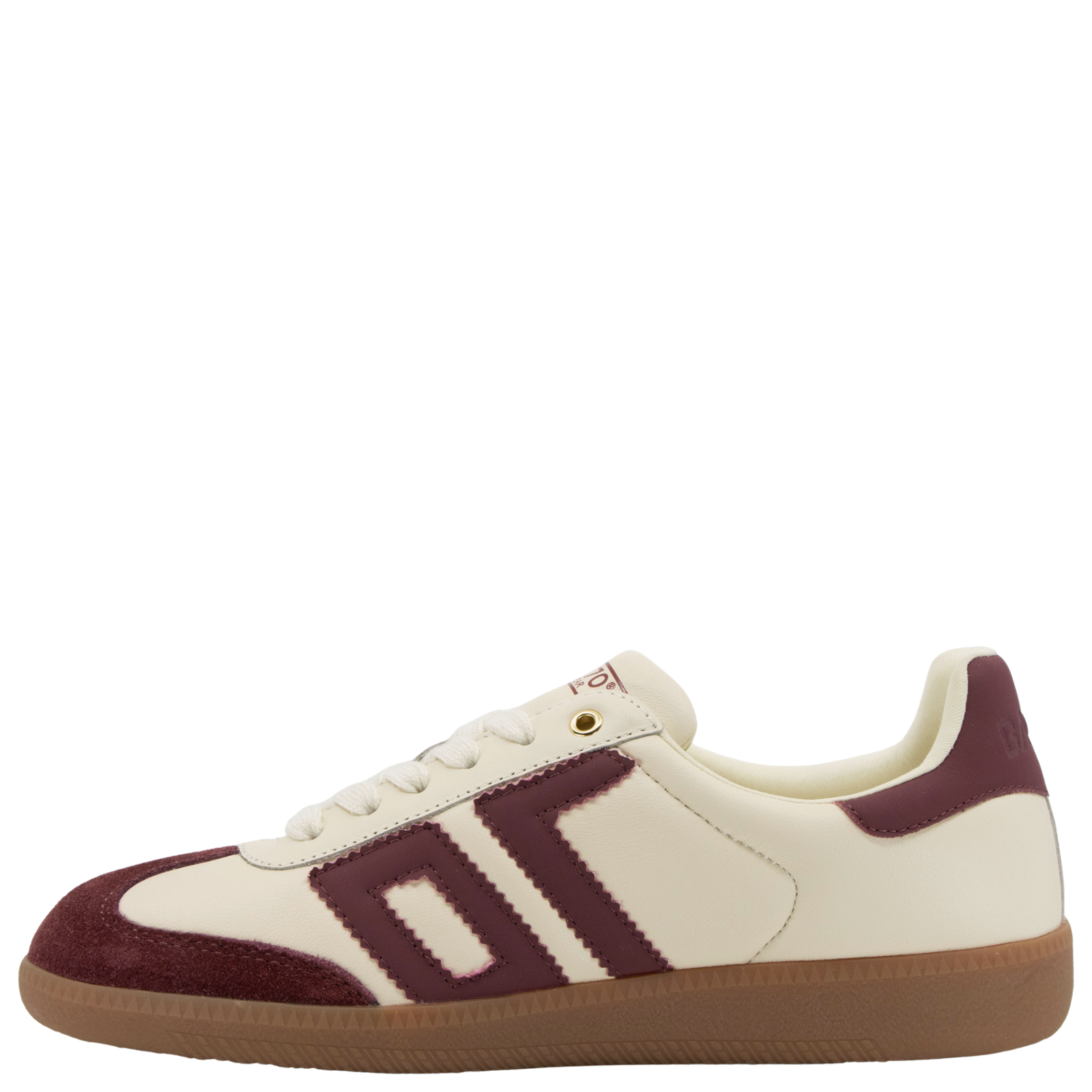 White and maroon sneaker with a brown sole on a white background