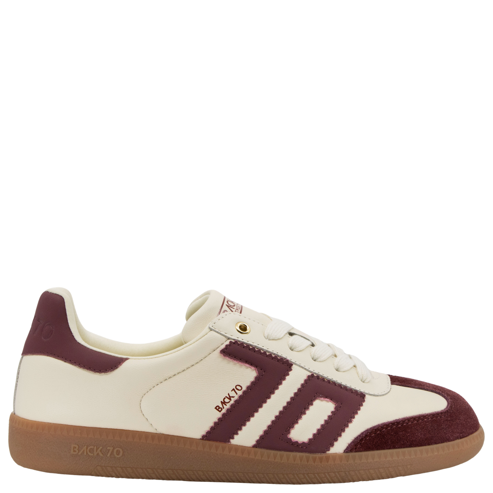 White and burgundy sneaker with '70' design on a white background