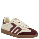 White and burgundy sneaker with 'Bacca Bucci' branding on a white background