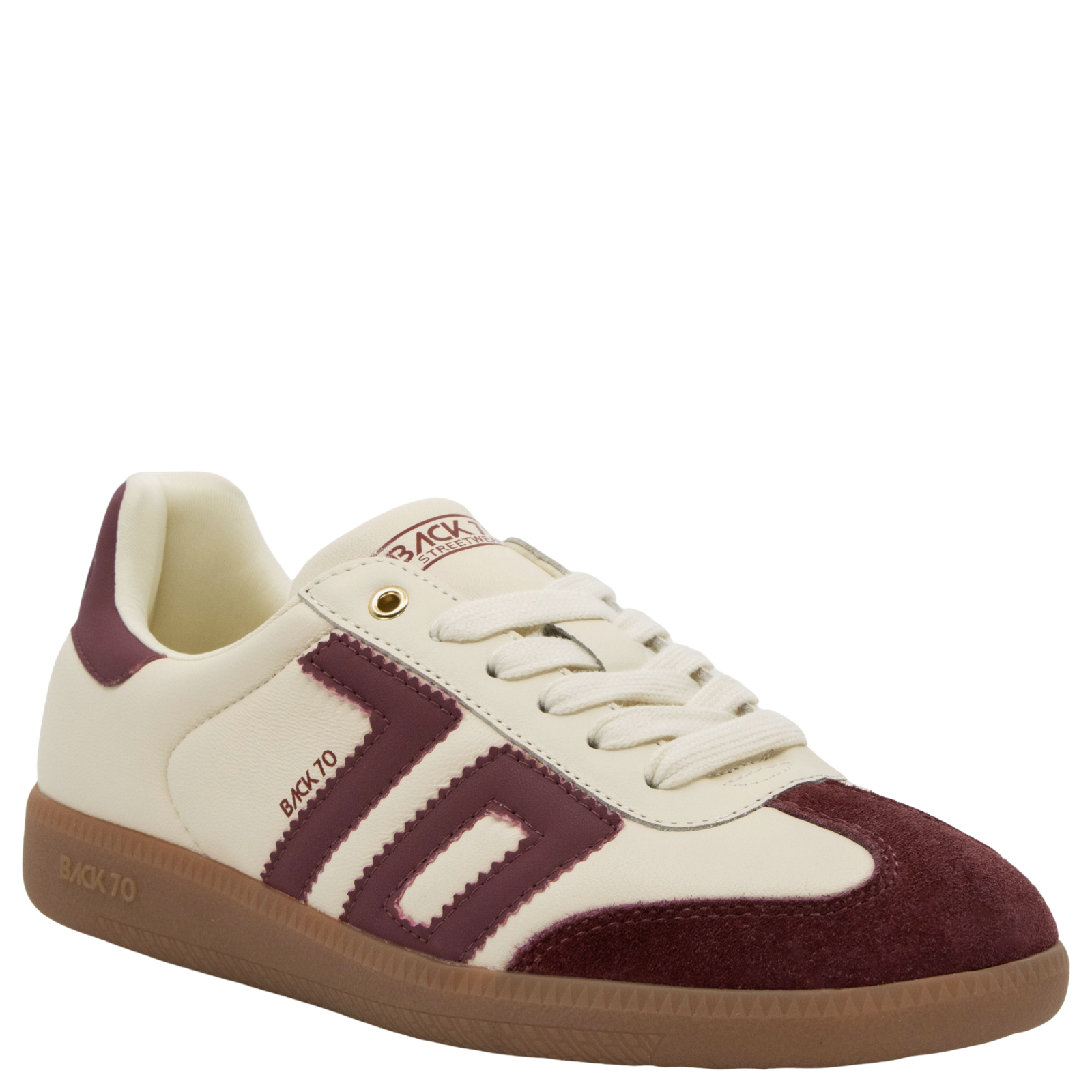 White and burgundy sneaker with 'Bacca Bucci' branding on a white background