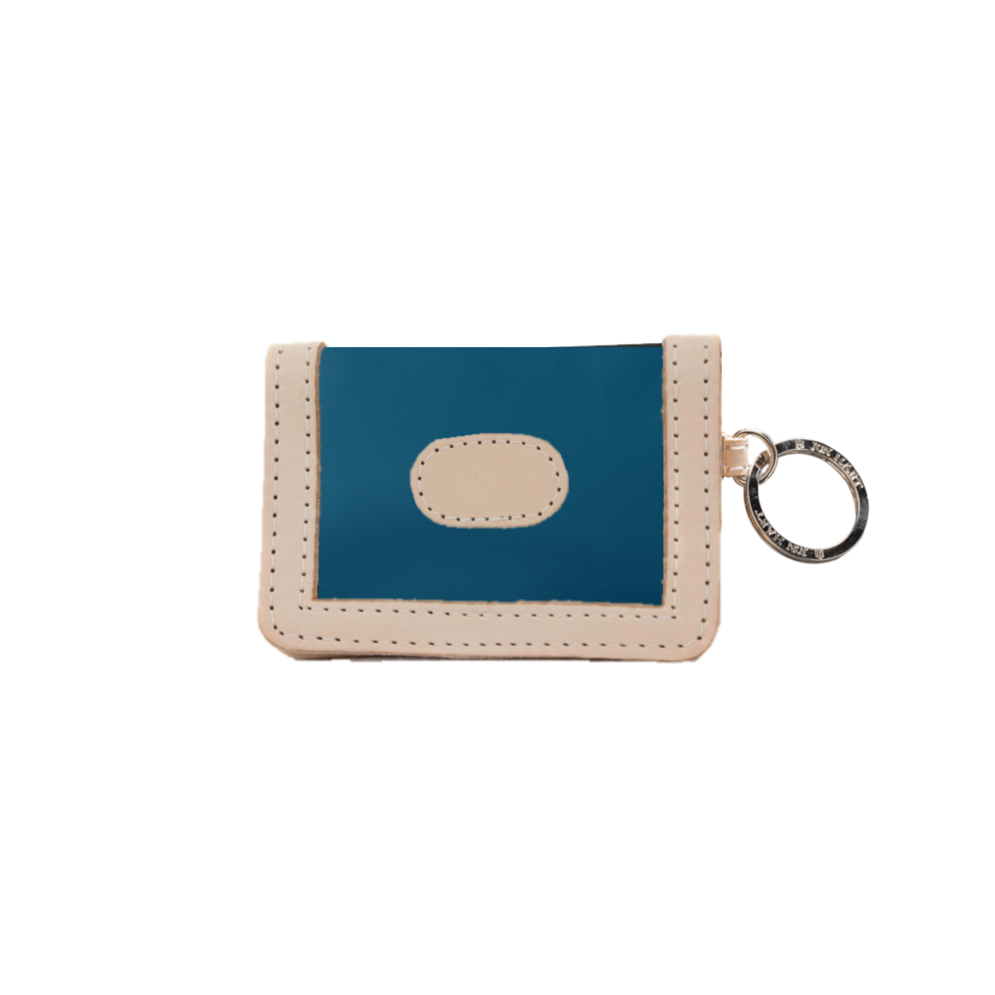 Blue and beige cardholder with keychain on a white background