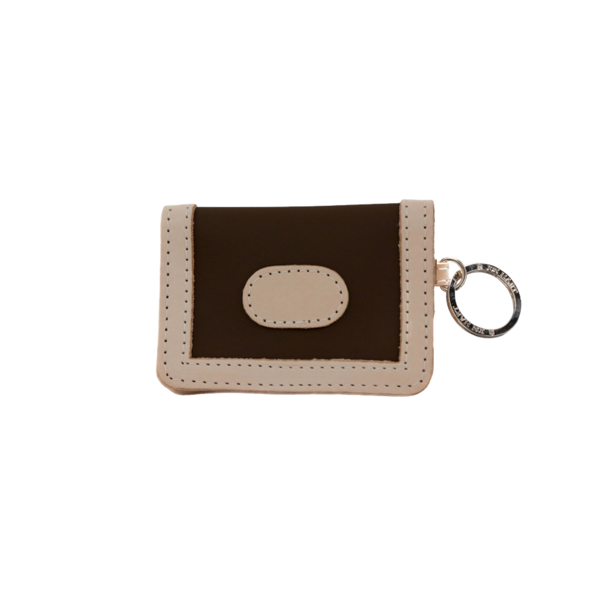 Small brown and beige wallet with a keychain on a white background