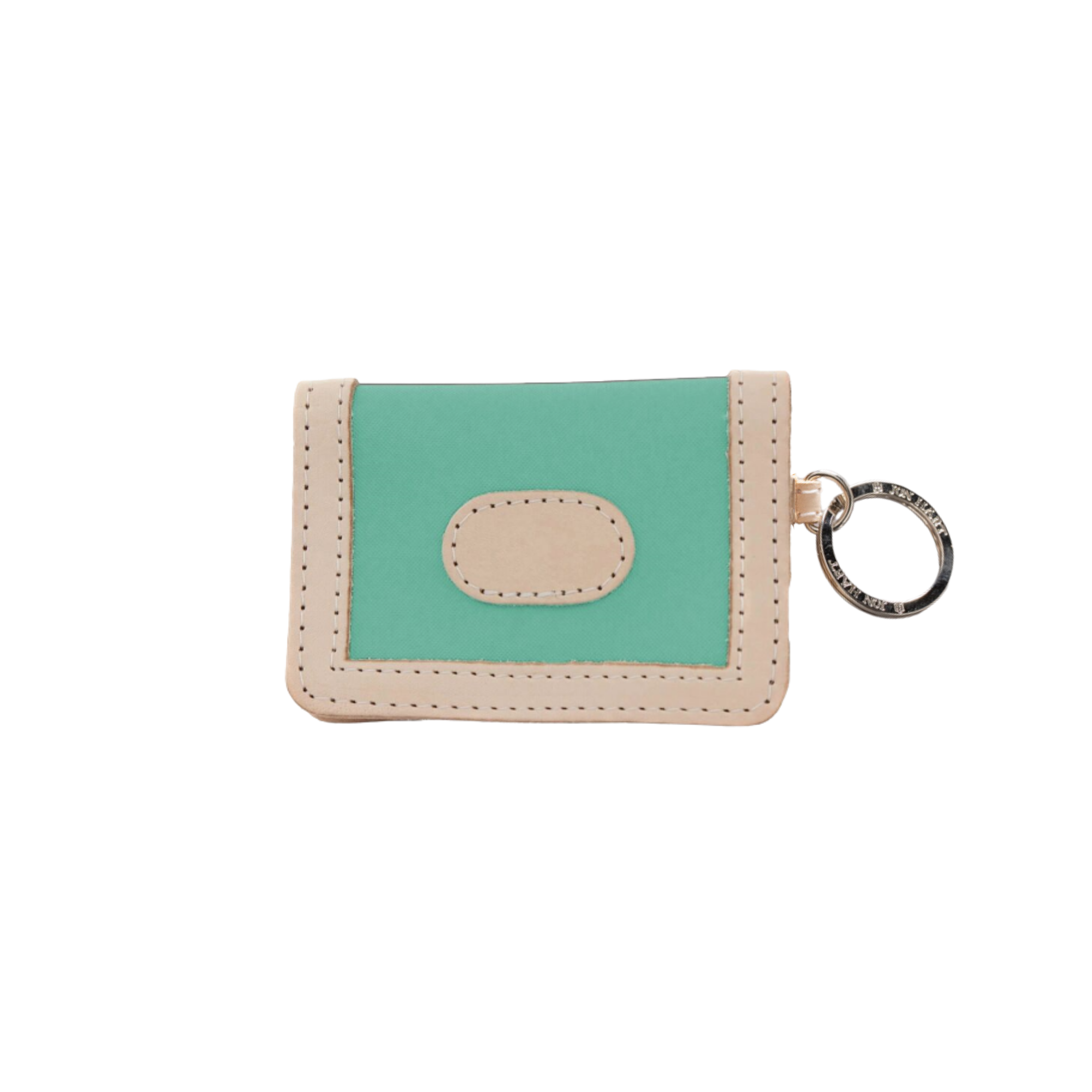Small green and beige wallet with a key ring on a white background
