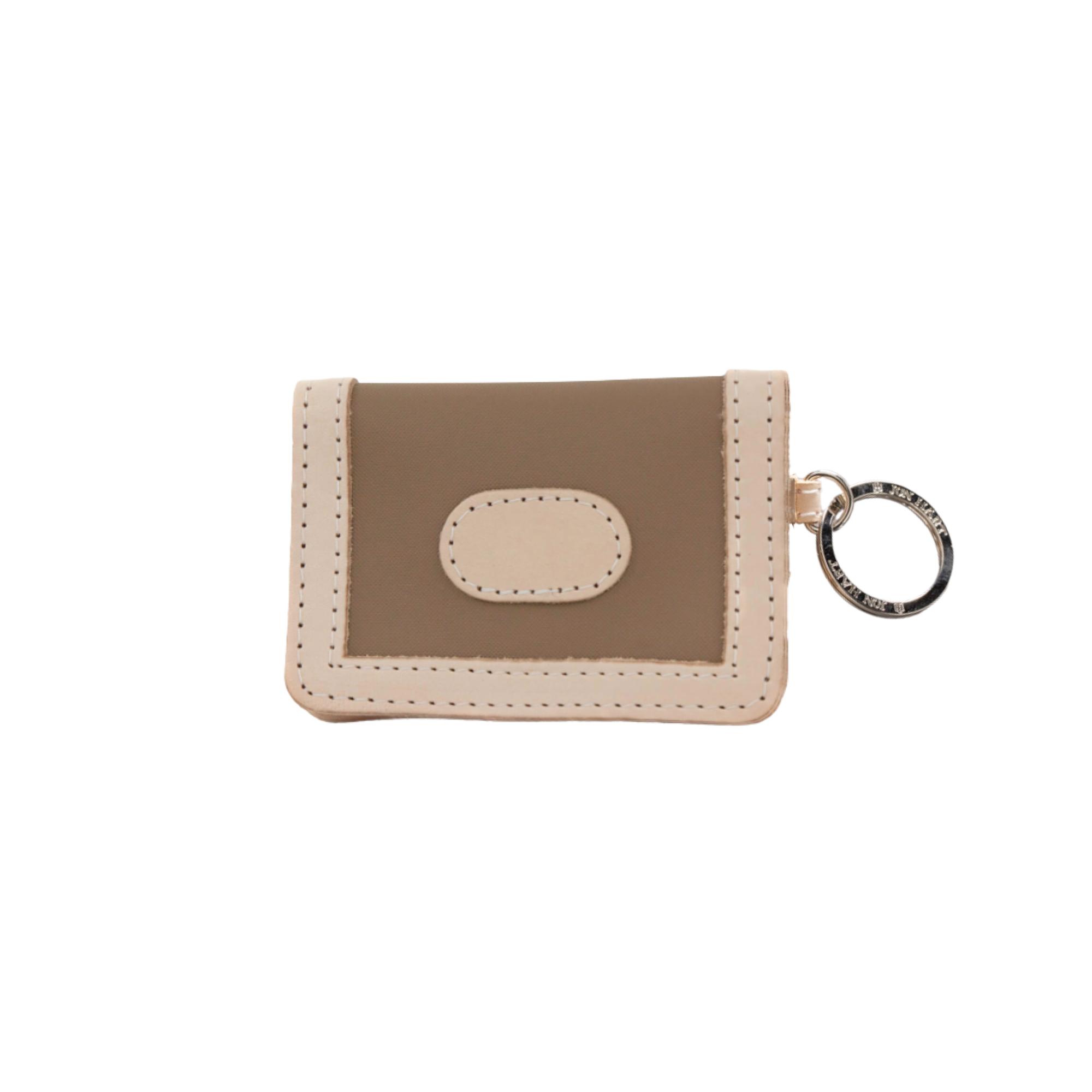 Small beige wallet with a key ring on a white background