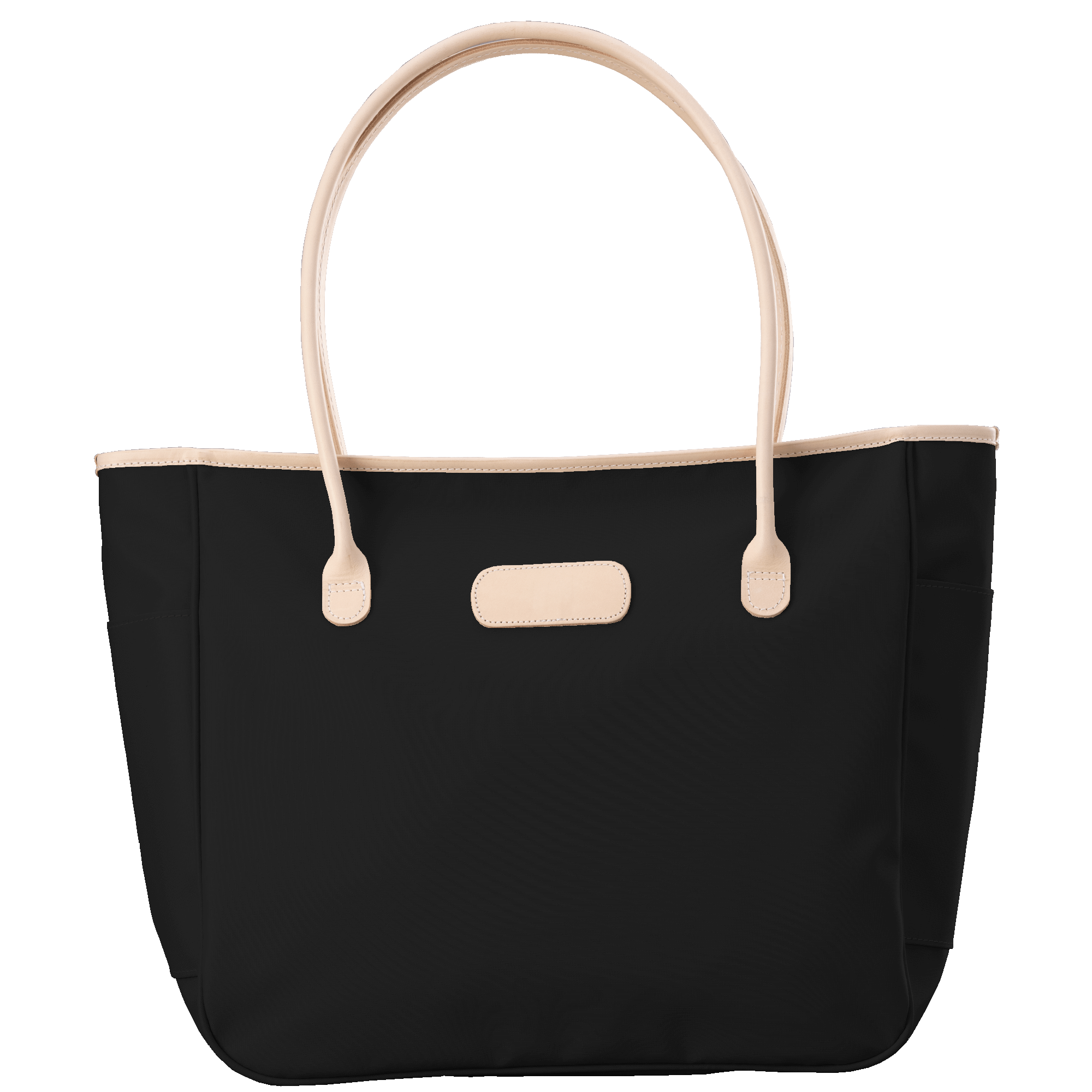 Black tote bag with beige handles and trim on a transparent background