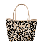Leopard print tote bag with beige handles on a white background