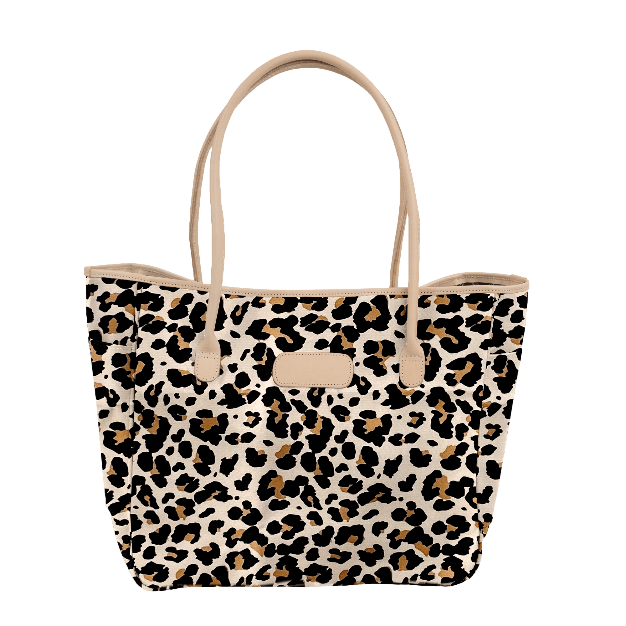 Leopard print tote bag with beige handles on a white background