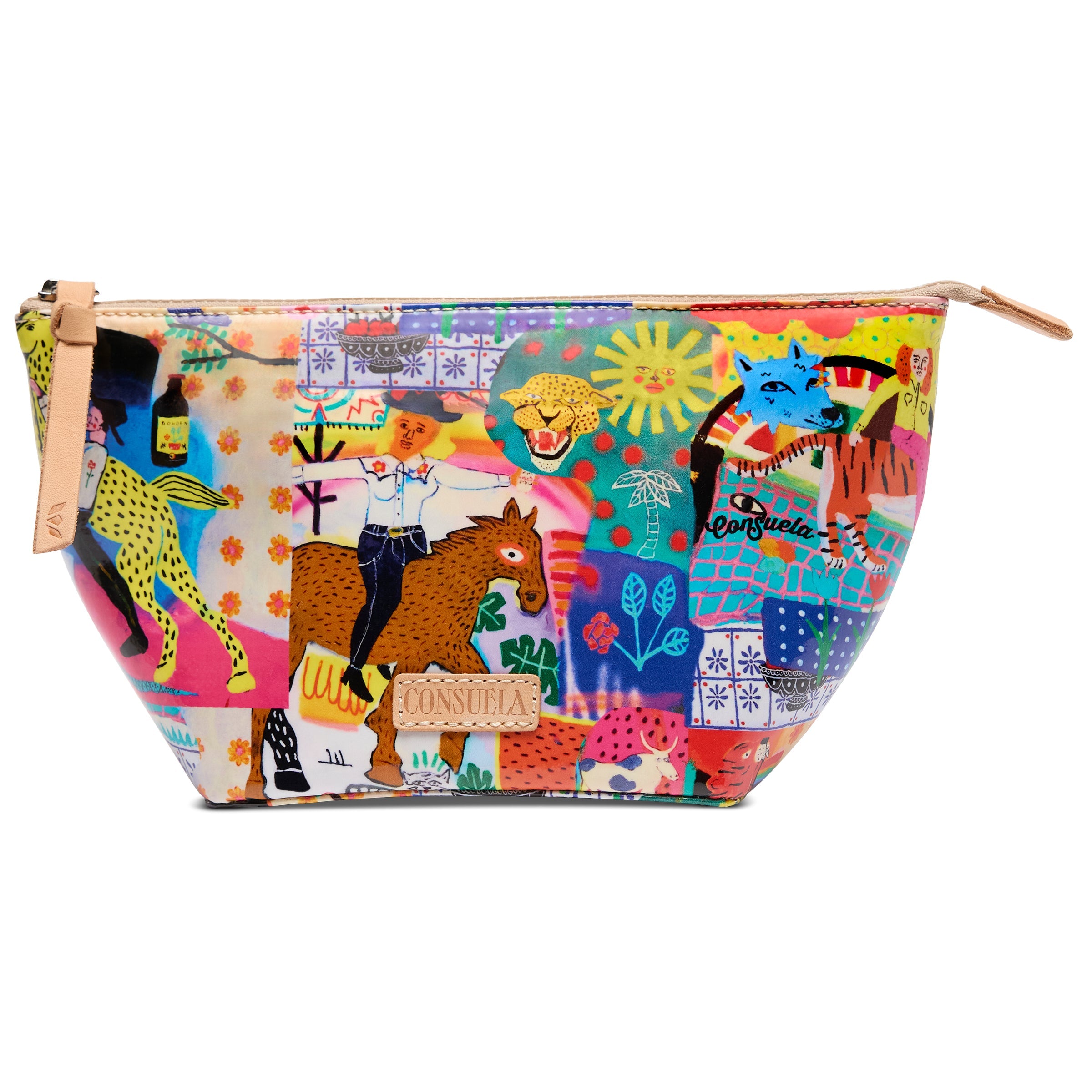 Colorful pouch with animal designs on a white background