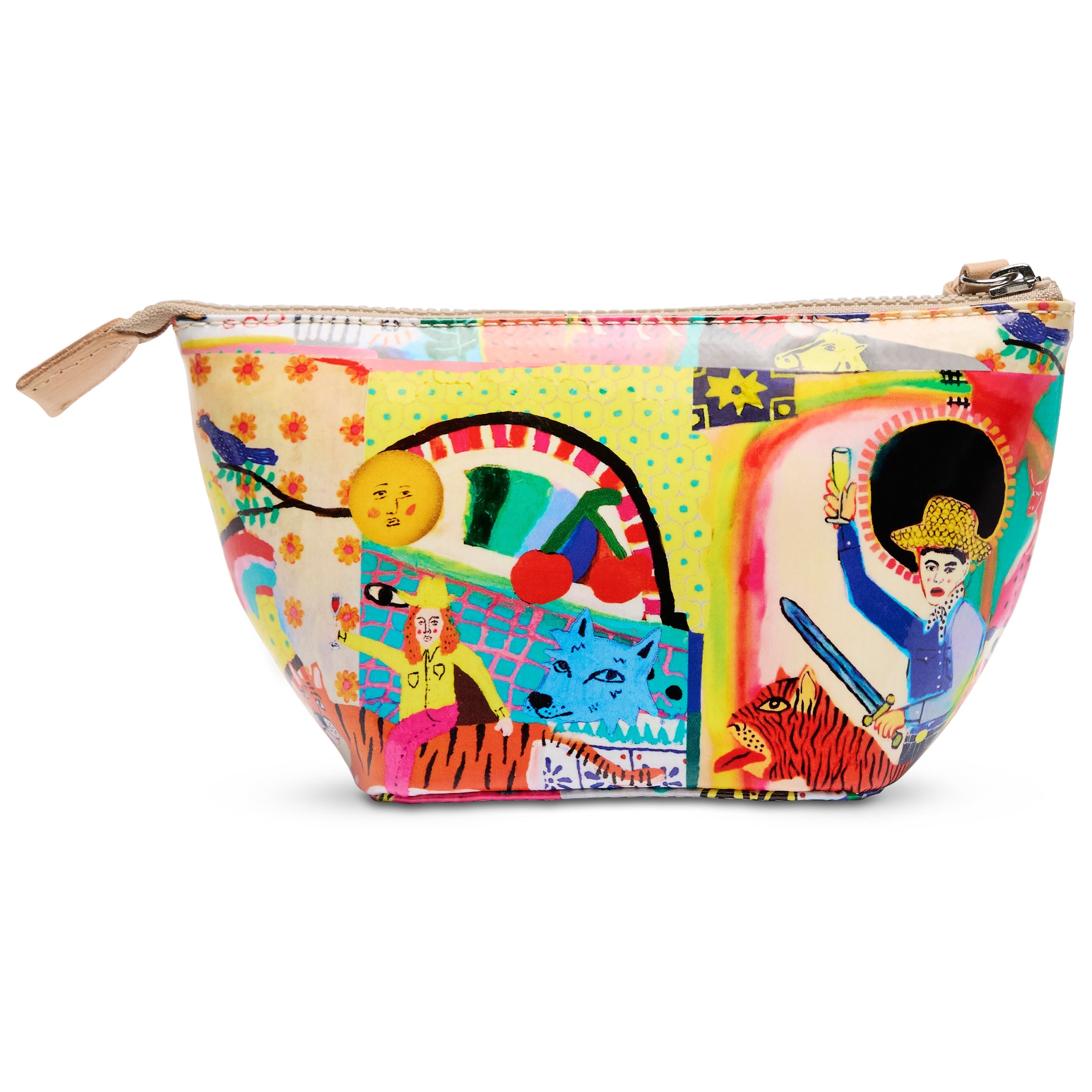 Colorful pouch with artistic design on a white background