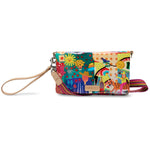 Colorful wristlet with a pattern of people and animals on a white background
