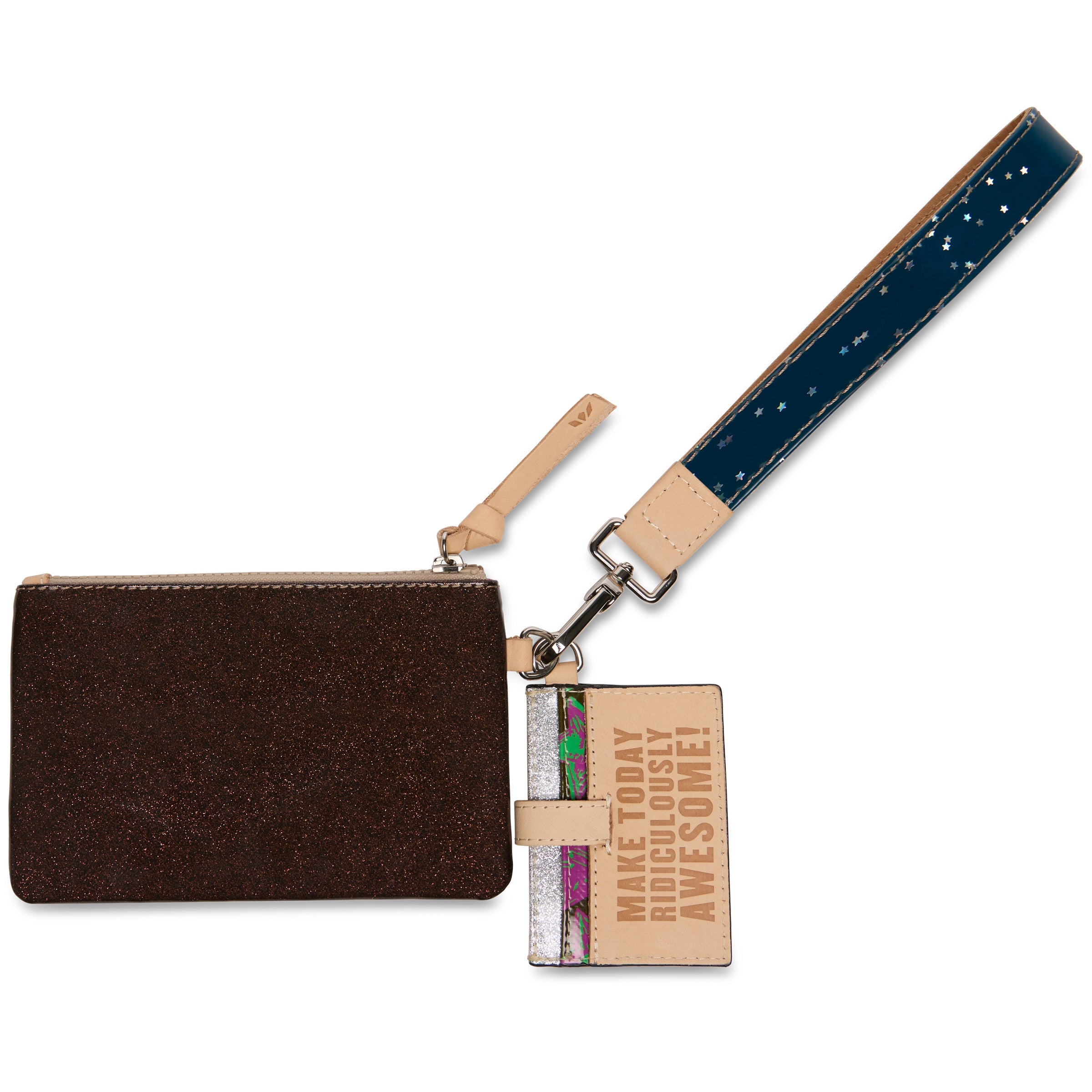 Brown clutch with a strap and small book-shaped pouch on a white background