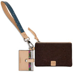 Brown leather wallet with strap and card holder on a white background