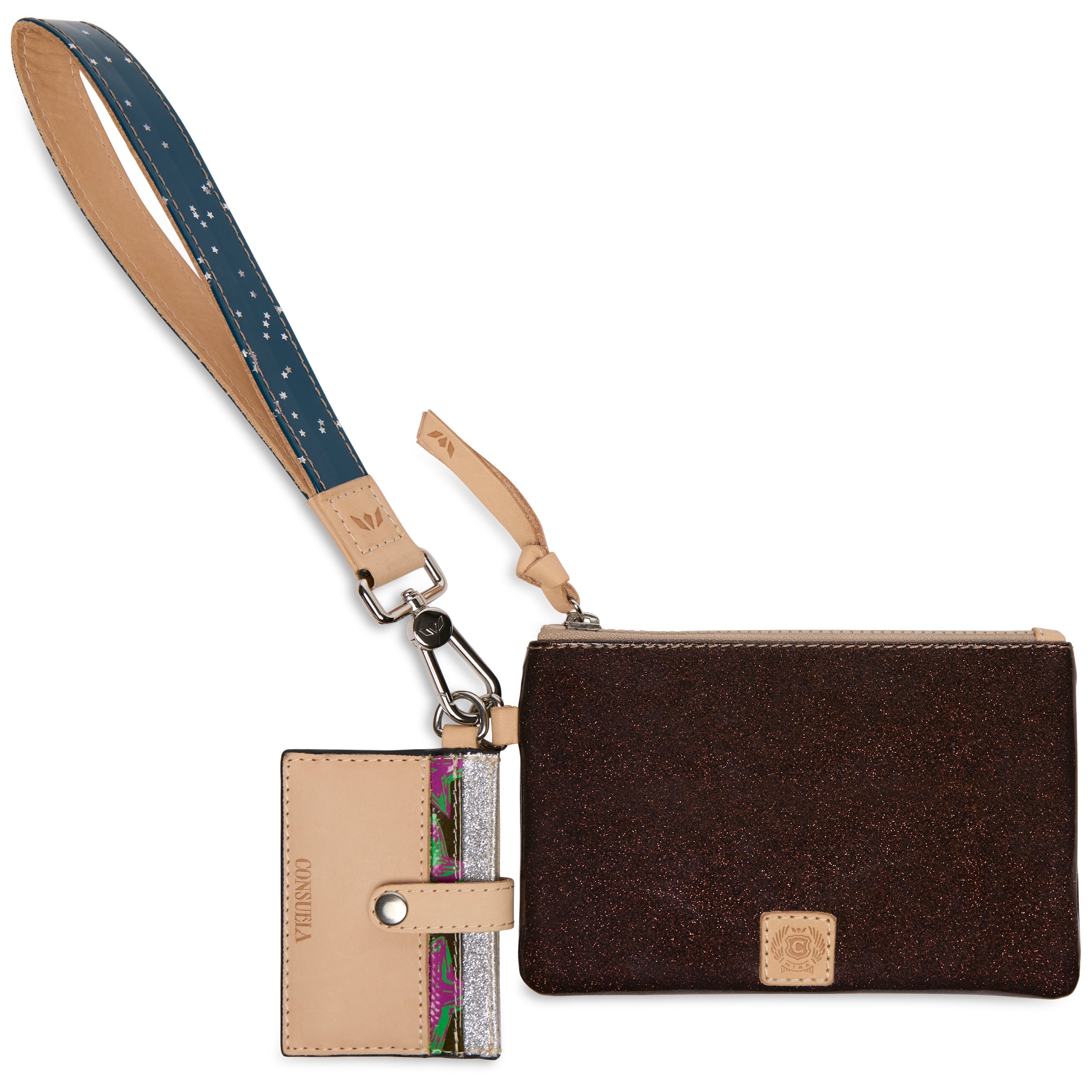 Brown leather wallet with strap and card holder on a white background