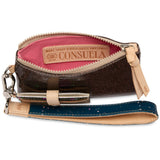 Brown leather pouch with pink interior and visible Consuela branding on a white background