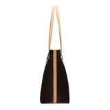 Black tote bag with a beige strap on a white background