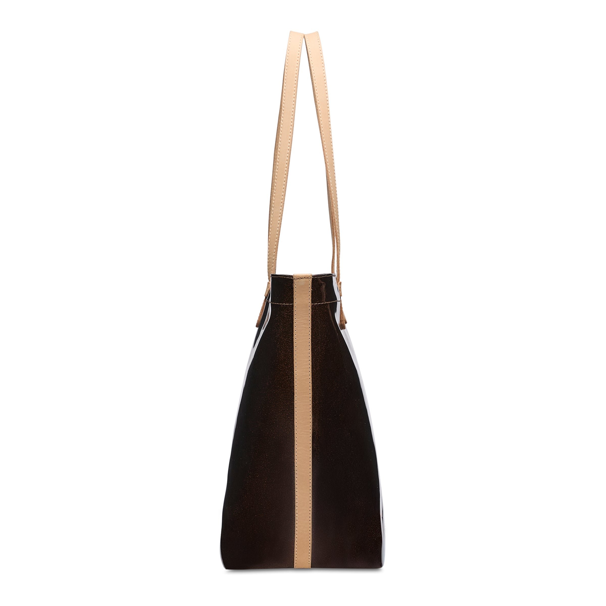 Black tote bag with a beige strap on a white background