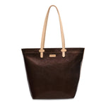 Brown tote bag with beige handle on a white background