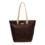 Brown tote bag with beige handle on a white background