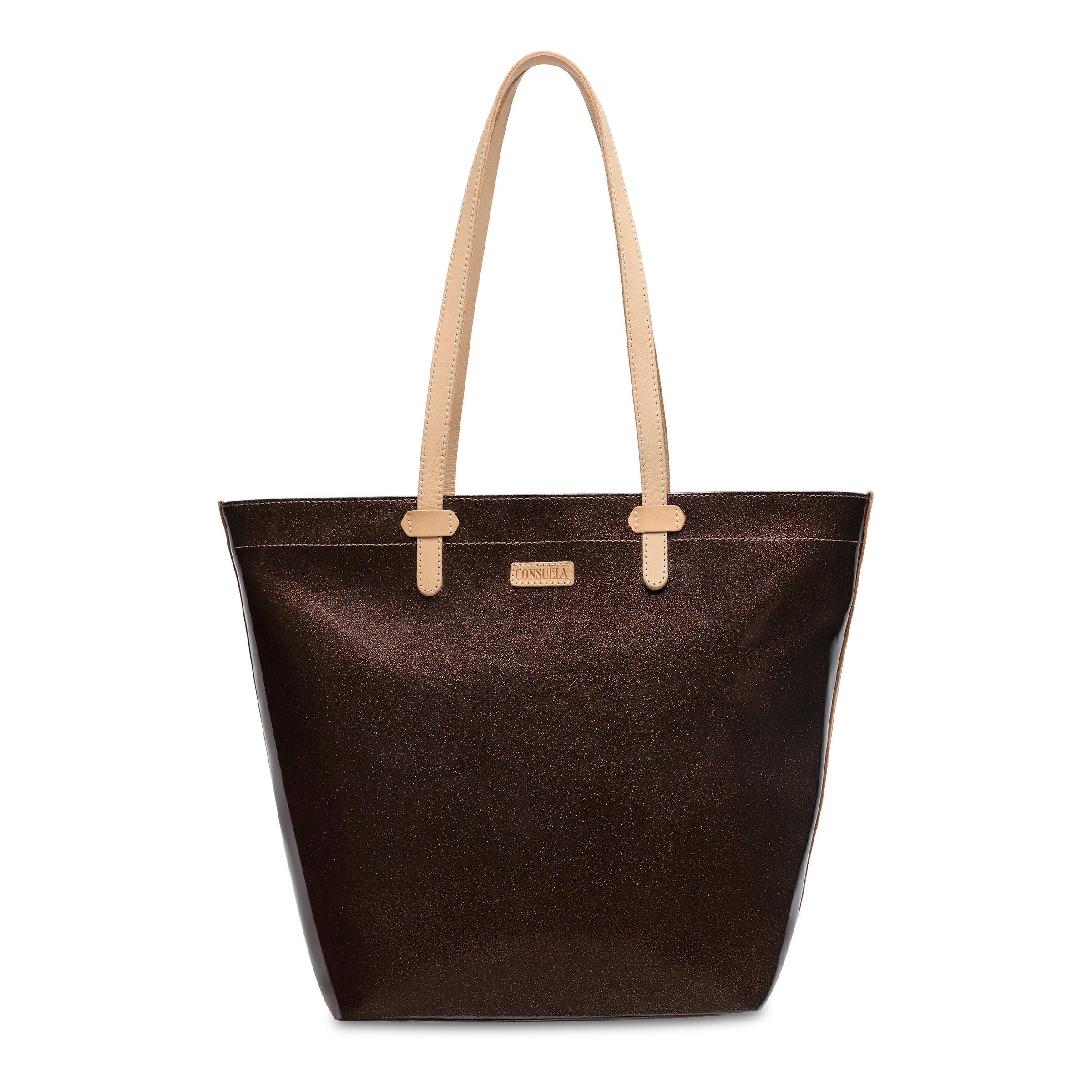 Brown tote bag with beige handle on a white background