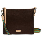 Brown crossbody bag with a colorful strap on a white background