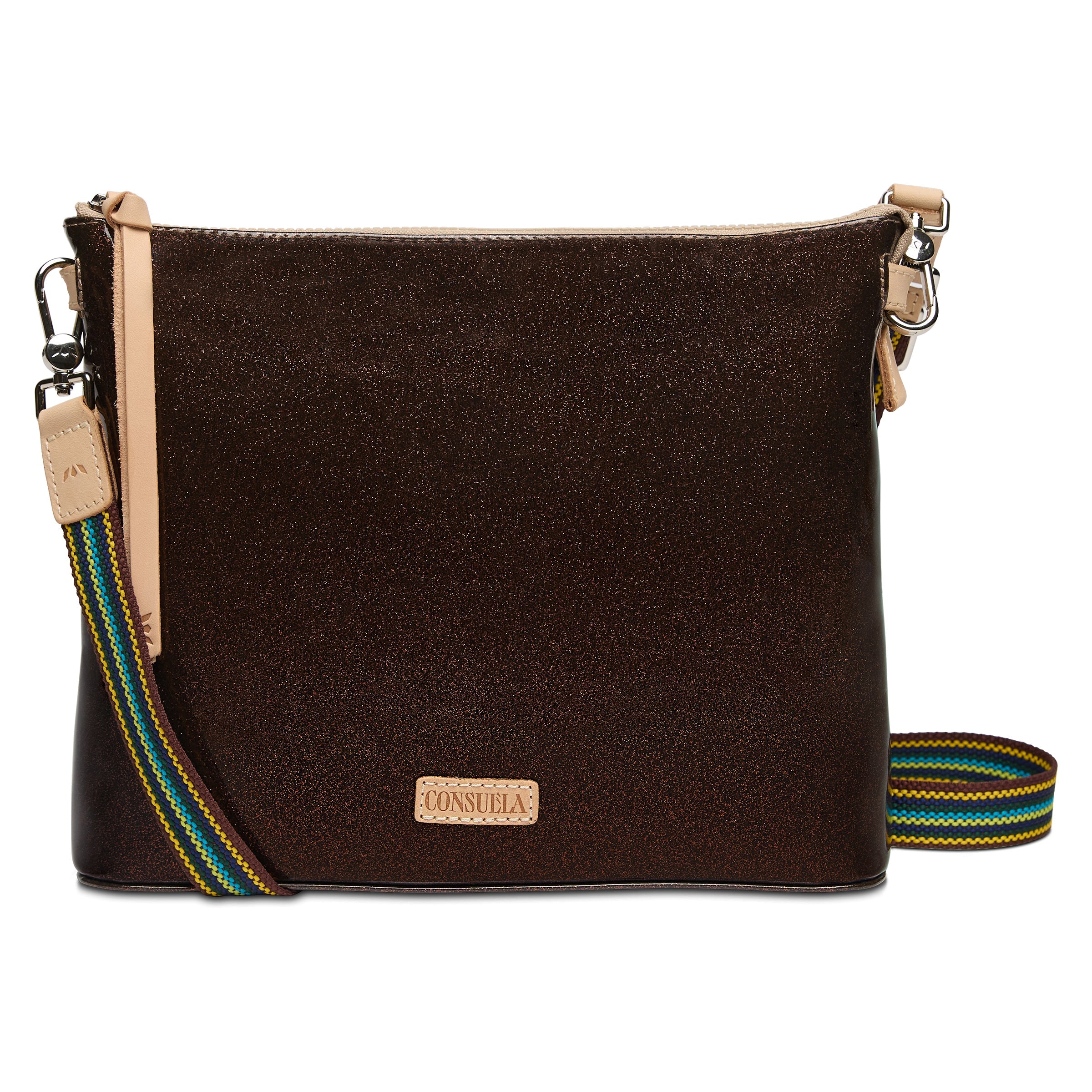 Brown crossbody bag with a colorful strap on a white background