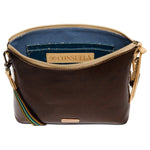 Brown leather handbag with gold accents on a white background