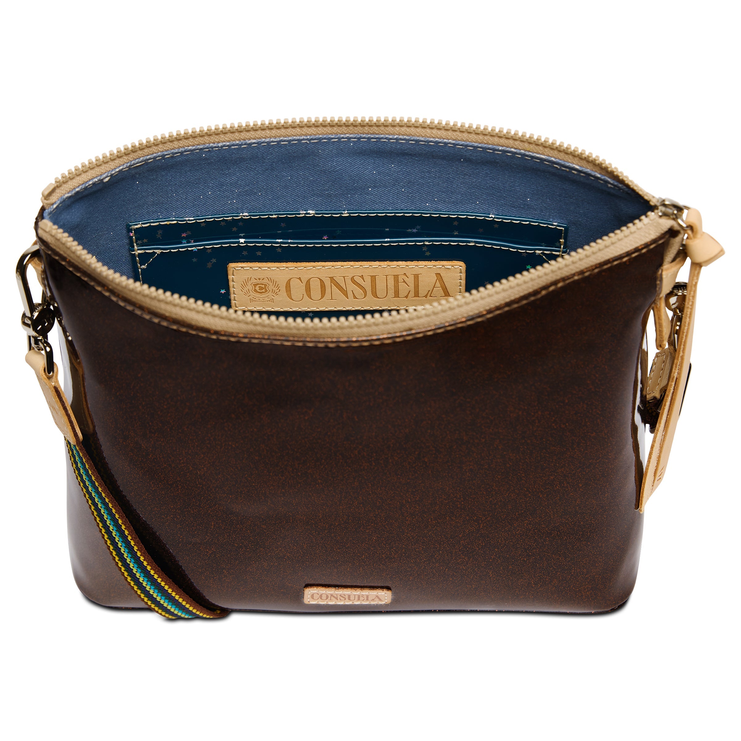 Brown leather handbag with gold accents on a white background