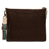 Brown crossbody bag with a strap featuring colorful patterns on a white background