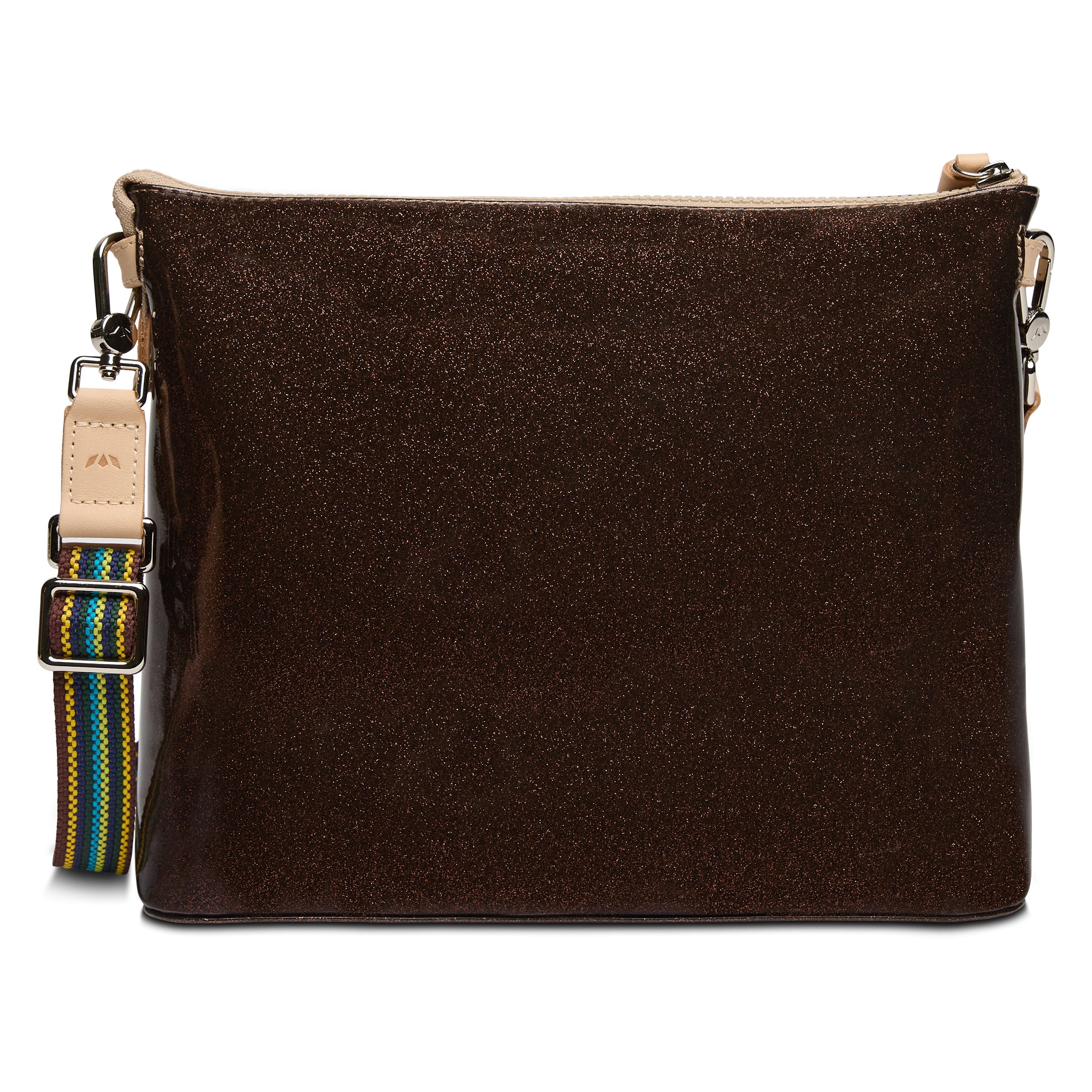 Brown crossbody bag with a strap featuring colorful patterns on a white background
