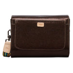 Brown leather clutch bag with a strap on a white background