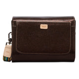 Brown leather clutch bag with a strap on a white background