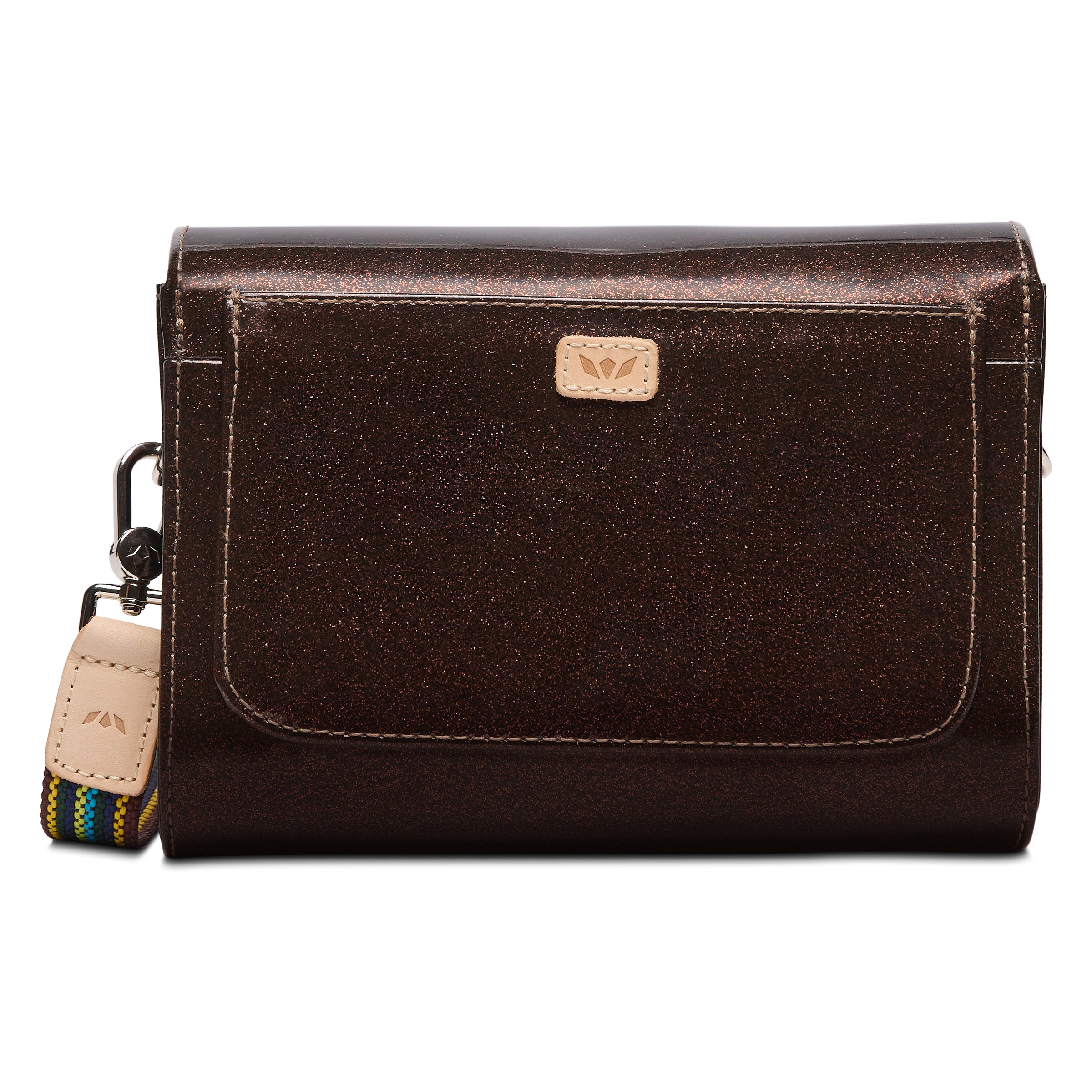 Brown leather clutch bag with a strap on a white background