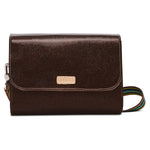 Brown leather clutch bag with a visible brand logo on a white background