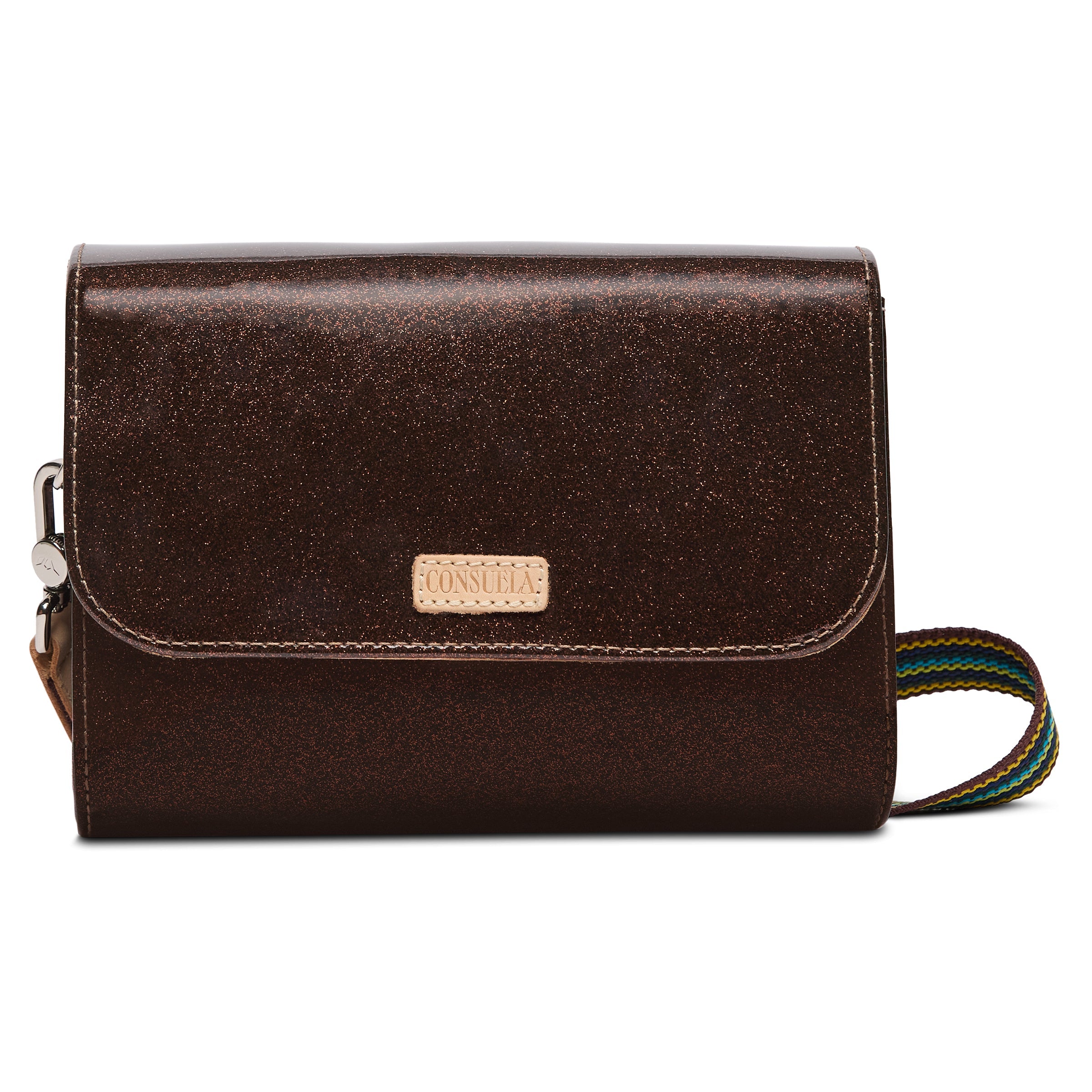 Brown leather clutch bag with a visible brand logo on a white background
