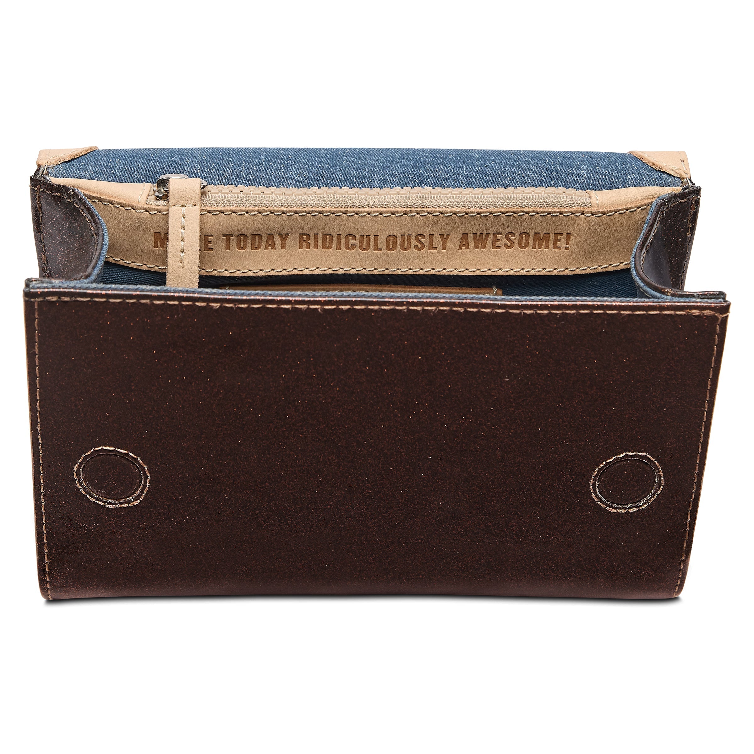 Brown leather pouch with denim interior and text on a white background
