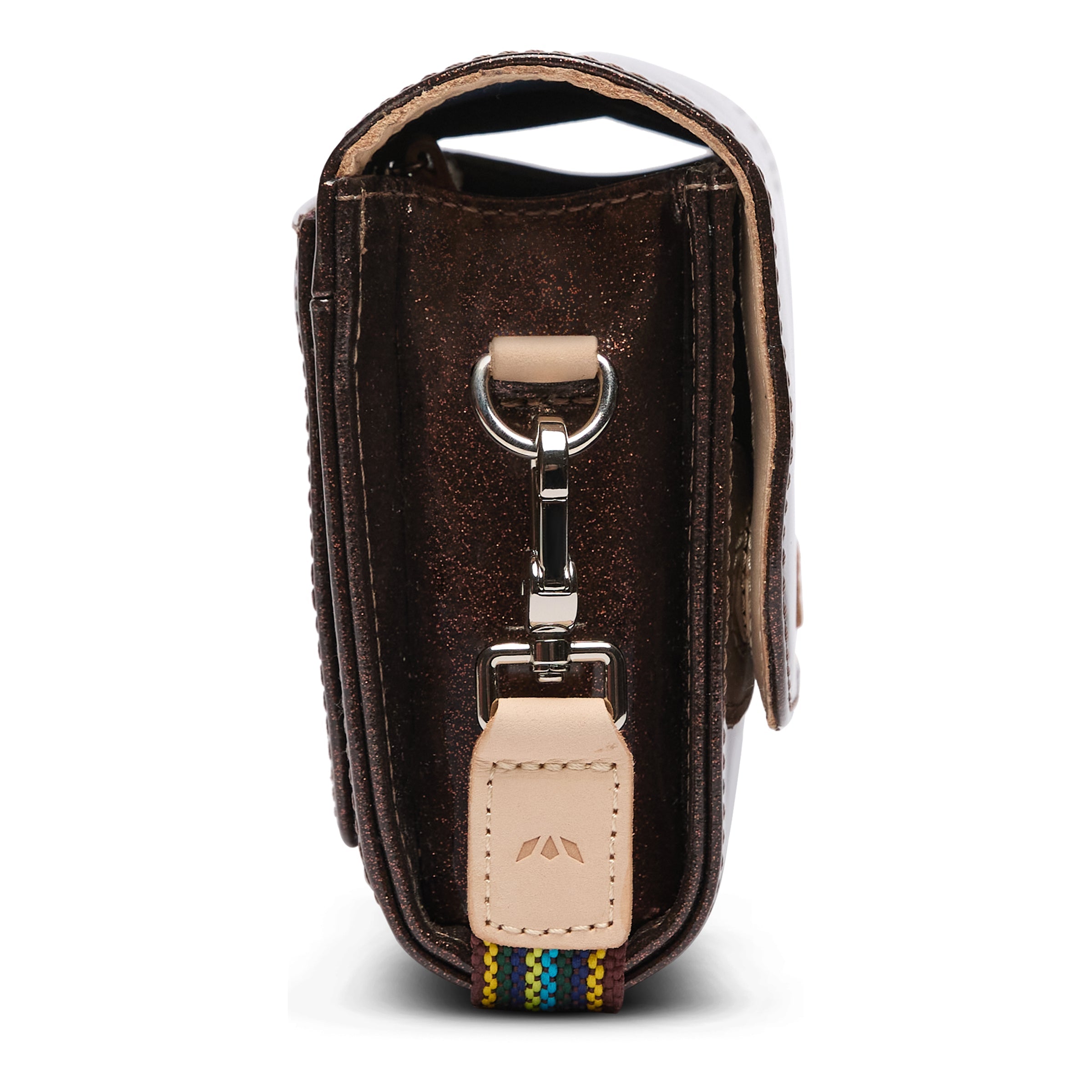 Brown leather key case with a keychain on a white background