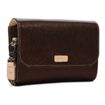 Brown leather wallet with a strap on a white background